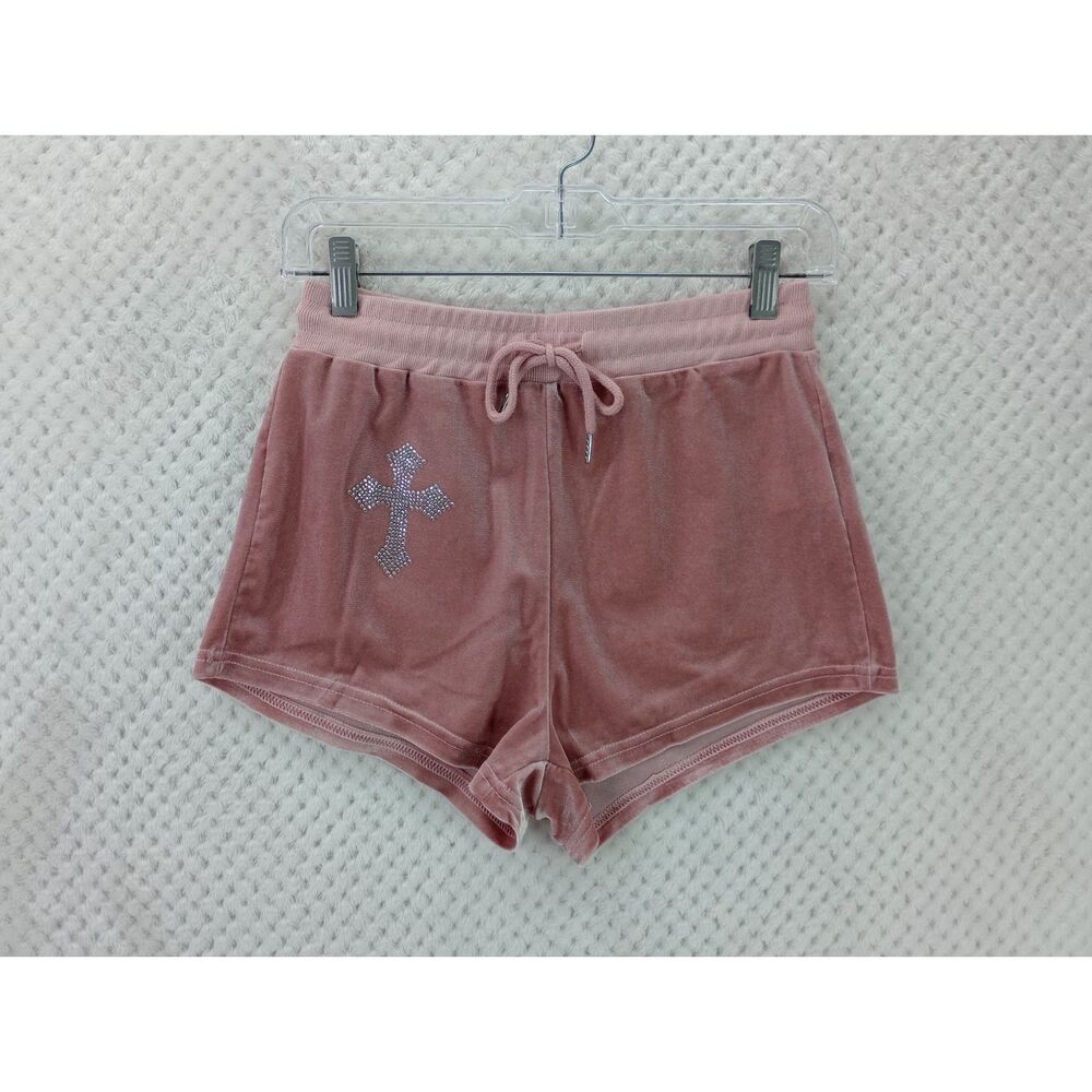 Y2K Pink Velvet Shorts Rhinestone Cross Romwe Women's Medium